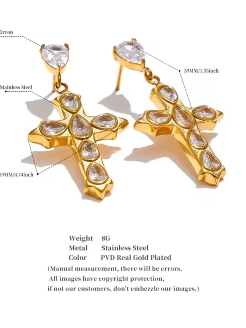 18 K plated Gold Cross Drop Earrings with Clear Stones
